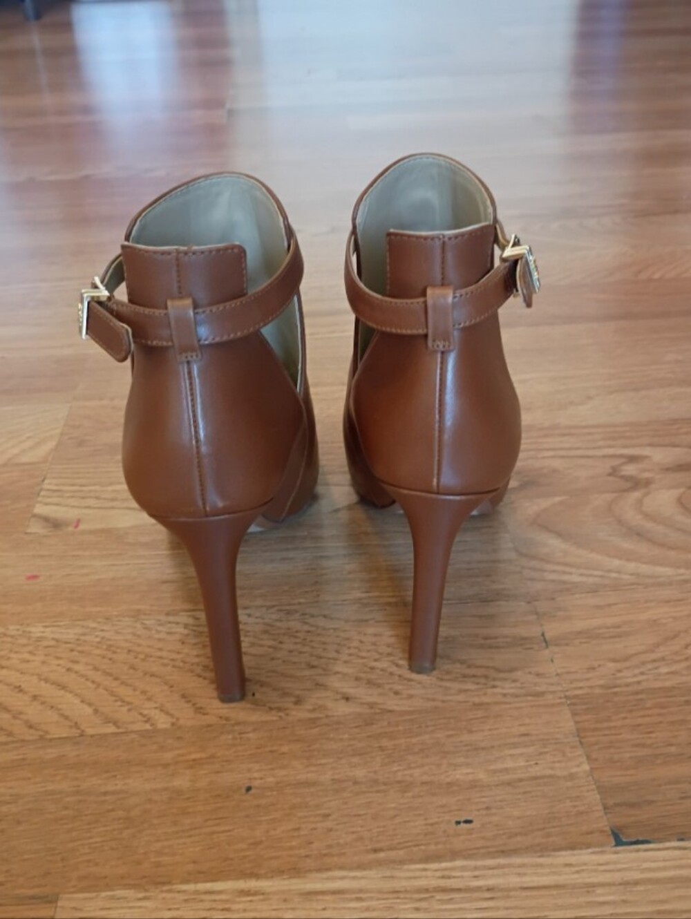 Michael Kors Camel Peep-Toe Leather Ankle Booties - Picture 2 of 6